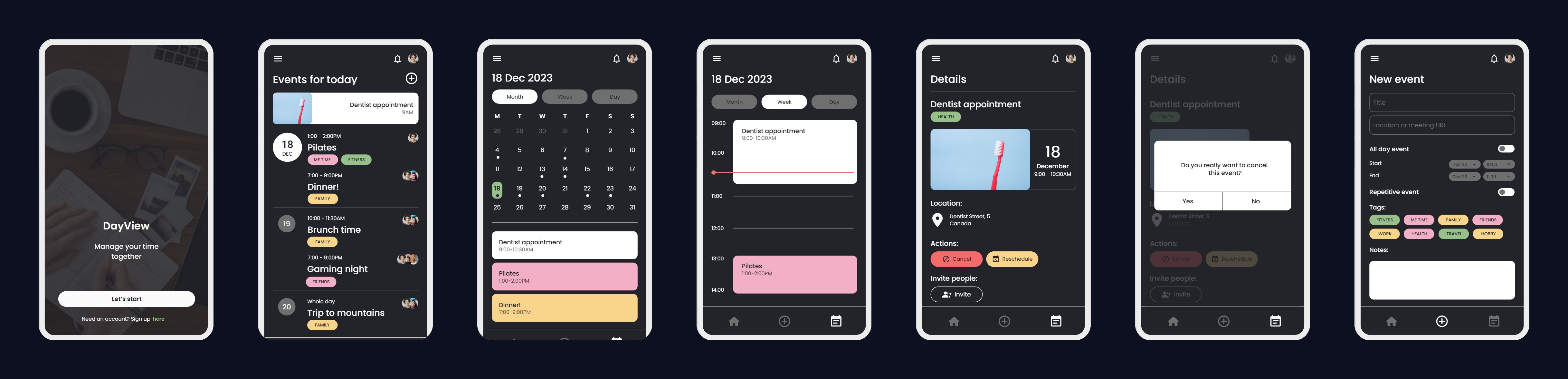 Calendar App — 7 app screens