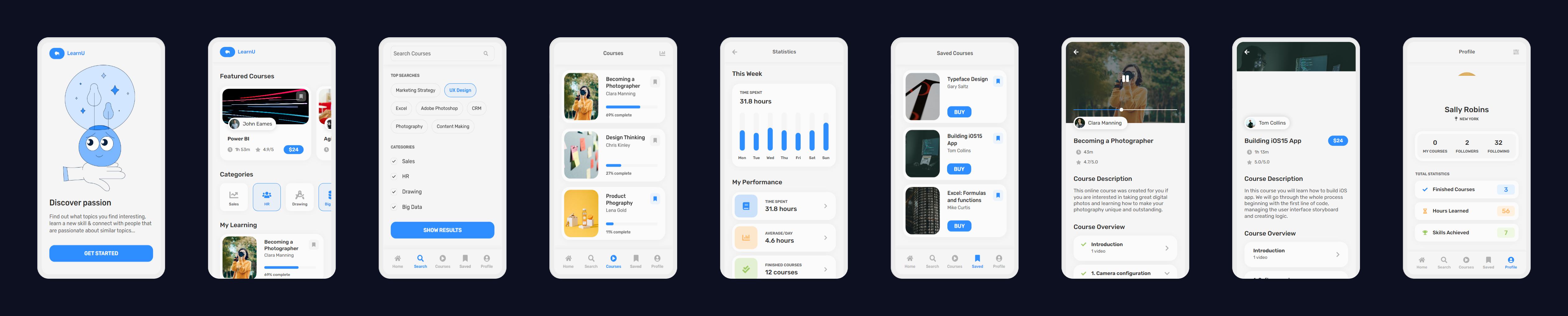Learning App — 9 app screens