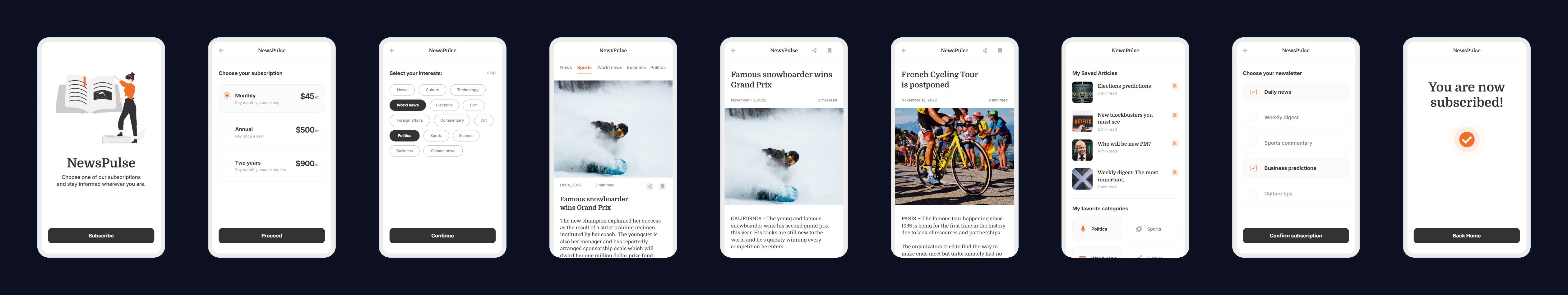 News Feed — 9 app screens