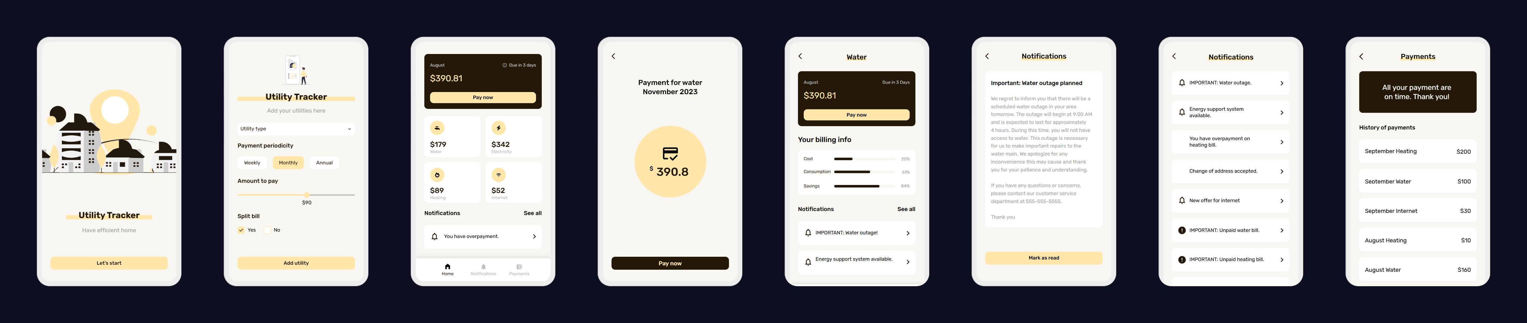 Utility Tracker — 8 app screens